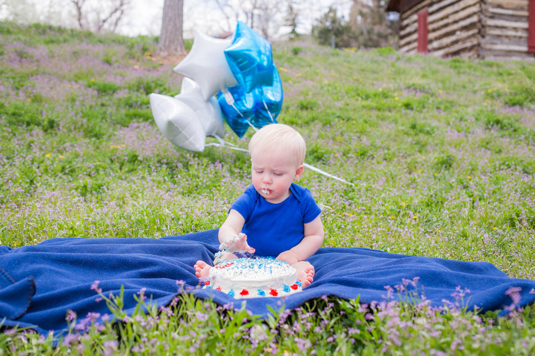 Outdoor family portraits in Golden for Hunter's 1st birthday and smash cake photos