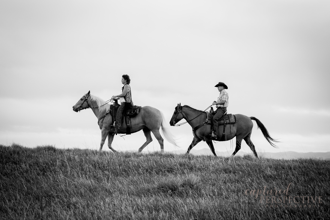 Couple riding off into the sunset on their horses